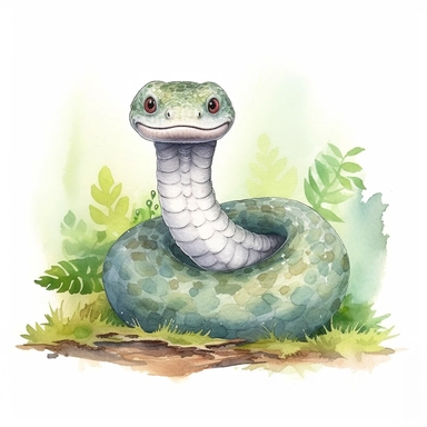 a captivating watercolor clipart image with a white background and white margins, featuring a cute sweet kawaii extremely happy smiling cartoon woodland white snake. The ultra-detailed, hand-drawn elements capture the details. Use vibrant shades of various colors to create a visually appealing image