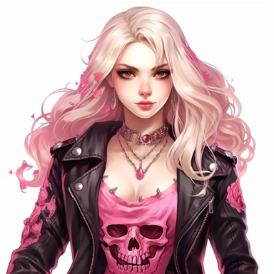 Disney princess Aurora , long blonde rocker hairstyle, dark pink leather jacket over a ripped pink dress, rose necklace, skulls, gothic style, rock style, clipart, white background, by Kawacy