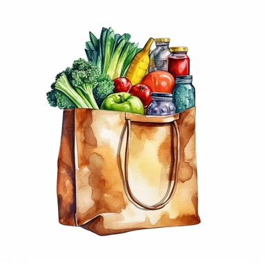 watercolor detailed illustration of Grocery bag with a variety of groceries peeking out, clipart, white background