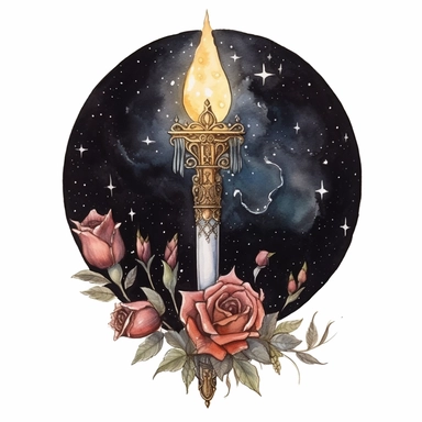 Ancient Greek gothic style beautiful impressive Mythologic style Torch and dagger at the midnight with watercolor effect,moon,suitable for digital clipart,white background,Magical scene,many dark twinkles,Dark colors,Unrealistic scene,ancient greek fashion,dark roses