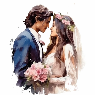 Glamorous and romantic wedding realistic watercolor, the beautiful bride and groom looking at each other with love. Smiling and happy wedding coupe. The bride is wearing long dark hair wearing boho jewelry and a veil, translucent, multi-layered, and delicate, with a bouquet of flowers of very delicate colors, fashion photography, watercolor clipart