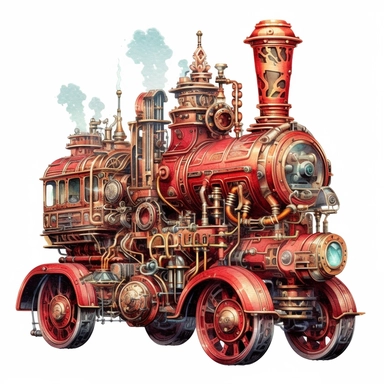 Futuristic red Firetruck, Steampunk style Gears, High detail, metallic colors, isolated on a white background, clipart--s 800