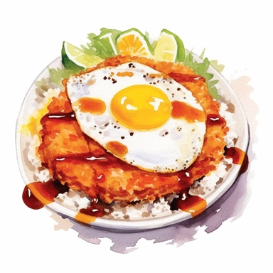 Katsudon (deep-fried pork cutlet with egg over rice) watercolor clipart in white background