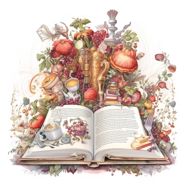 an enchanted cookbook open, facing the reader, clipart, white background, intricate details, variety of colours,