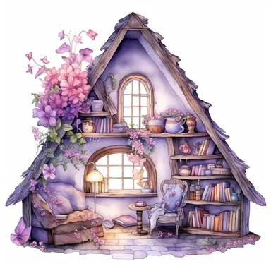 A fairytale style attic corner with watercolor effect,suitable for digital clipart,white background,magical flowers,magical scene,fairy vibrant colors,pink,purple,lavender,soft details