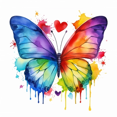 Cute Beautiful rainbow Heart And Couple Butterfly Watercolor Clipart,Cartoon, hyper realistic, intricate detail, illustration style,high solution,on the white background