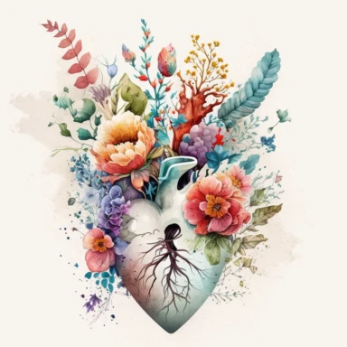 Generate a beautiful digital watercolor clipart illustrating flowers growing from a human heart, replacing the traditional vase. The art should evoke a sense of spring, with a variety of flowers in vibrant, spring-like colors. The heart from which the flowers grow should be detailed and realistic, adding a touch of whimsy and symbolism to the piece. The flowers should bloom from the realistic heart, they should bloom and be beautiful. A lot of flowers, spring vibes.
