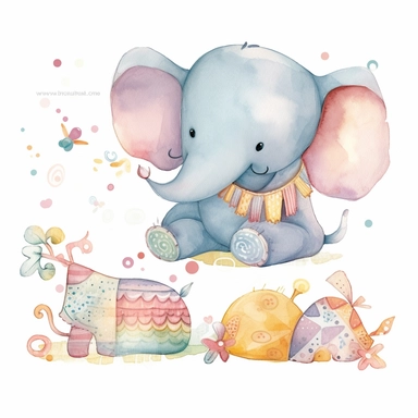 Cute patchwork plush toy elephant watercolor pencil clipart for decorating baby nursery, painting, drawling, children’s illustration, folk art, whimsical, cartoon, caricature, adorable, friendly, dreamy, ethereal, bright varied pastels
