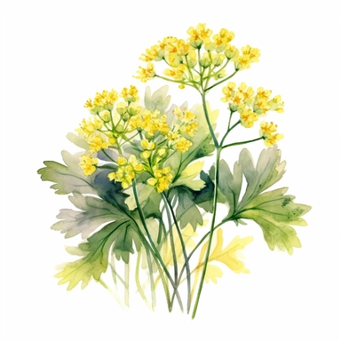 A design of a flowering lovage plant, with its small yellow flowers clipart, white background, watercolor sophisticated drawing