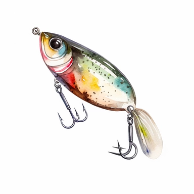 Watercolor fishing lure clipart, white isolated background, space out, hd