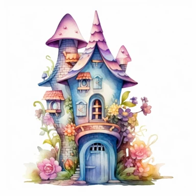 a whimsical watercolor summer fairyhouse, sublimation clipart,featuring cozy house, painted in soft pastel shades of blue, pink, green, and yellow, with intricate details such as flowers, vines, and shingled roofs, fine brushes, and various shades of pastel paint pigments, isolated on a white background,single object, print on demand image, PNG transparent background, white background for removing background - - no text shadow font watermark