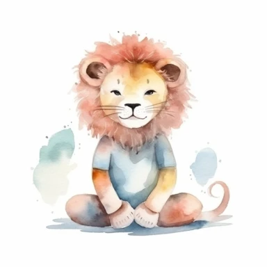 cute cartoon young lion in yoga lotus position, watercolor, white background, minimalistic, clipart