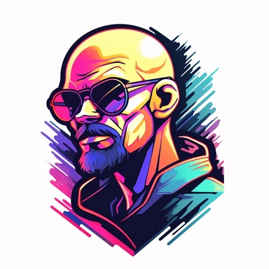 Vector clipart of a bald gamer, illustration logo, neon colors, white background