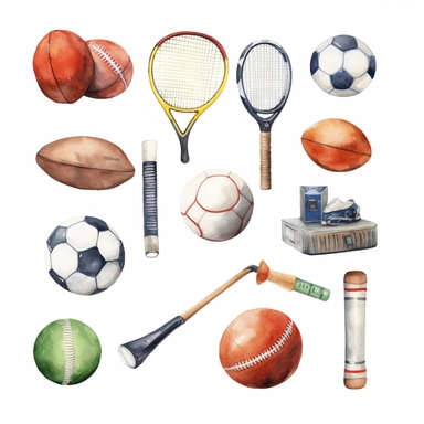 Watercolor style, sports, football, rugby, tennis, golf, cricket, variations, hyper realistic detailed clipart, on a white background