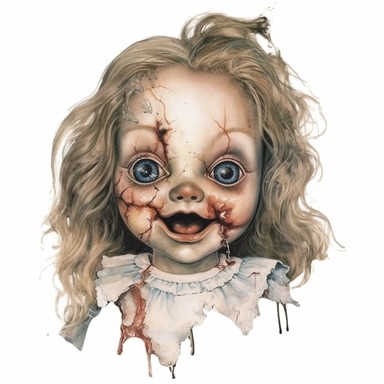 a headshot showing the scary face of a possessed antique doll with long hair and cracks and an open mouth, watercolor, ultra high-detail, dark outlines, clipart