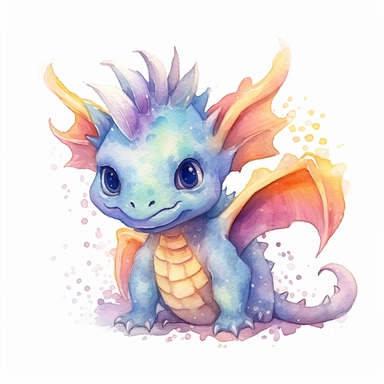 Watercolour Colourful Fantasy baby Dragon Clipart, white background