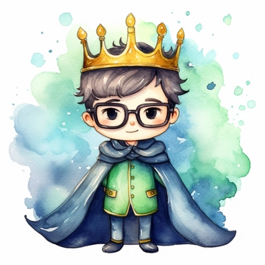 clipart of a cute little happy king in a very beautiful suit and a cute cape. His hair is black and with green eyes. He is wearing glasses. The king suit is black, and blue.The background is watercolour and all of it in 4K