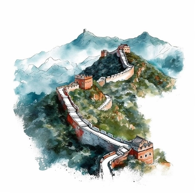 A clipart of the Great Wall of China snaking through mountains, painted in watercolor style, designed on a white background.