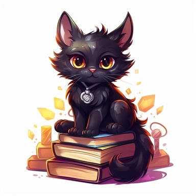 An adorable black cat familiar with wide eyes and a playful expression, sitting on a stack of magical spell books. White background, vector, clipart, contour.