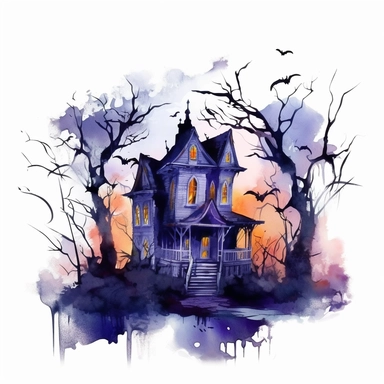 watercolor style, spooky halloween haunted house with spooky trees clipart, haunted house decorated in Halloween style decor, isolated on white background, 4K