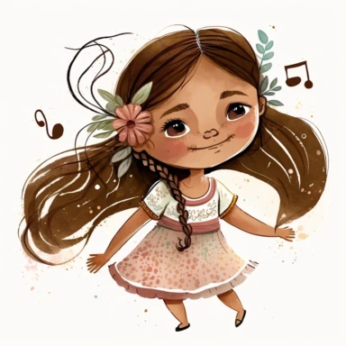 watercolor clipart, Girl dancing, A 6-year-old girl with brown hair and brown eyes, her hair was always carefully styled into two long, straight braids, happy, radio, musical notes, rhythm, whole body, dress, color, movement, magic, White background