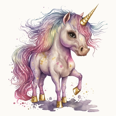 fantasy baby unicorn, clipart watercolor illustration, aquarallist, cute, big eyes, pretty pink, unicorncore, fairycore, free brushwork, watercolor, light and bright, four legs, gold horn, sparkle, skarklecore, detailed, isolated on a white background,