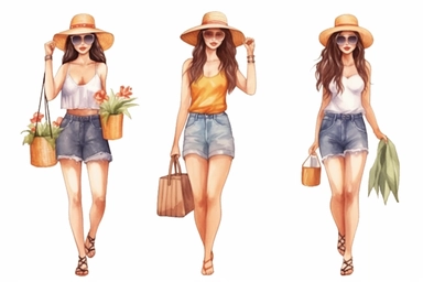 Summer Girl Watercolor Clipart Bundle concept, watercolor illustration white background for removing background