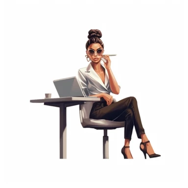 chic latino lady boss sitting at the desk and working on laptop, realistic illustration, clipart, isolated on white background, 4K