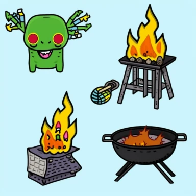 a set of black line clipart inspired by live fire cooking and barbecue and Lego and Funko Pop toys