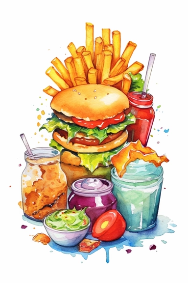 salty food cartoon style, cute cartoon food lot. Pixar childrens book cartoon style, detailed, modern, urban, watercolor, full color, flat color, white background, children book illustration. Watercolor clipart. Pixar animation