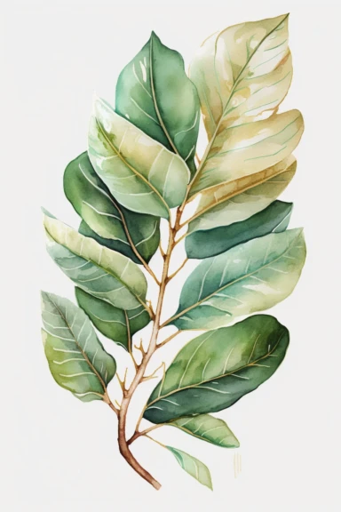 watercolor magnolia leaf branch, clipart, in the style of light green and white and emerald, outlined, realistic detail, white background