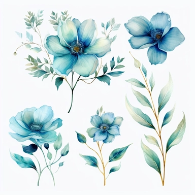 realistic watercolor aqua floral cliparts white background