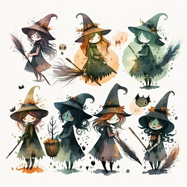 halloween witches with broomsticks. some cartoonish design and some watercolor. and some of both. white background. no tags. CLIPART!!