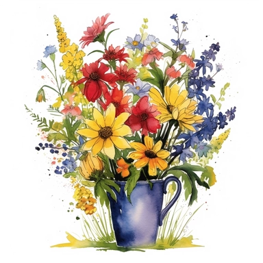 Watercolour Meadow-Inspired bouquet Extra large, Create a meadow-inspired arrangement by combining native UK and American flowers that bloom in meadows, Mix cowslips, cornflowers, and red campions from the UK with black-eyed Susans, goldenrods, and butterfly weeds from Americaplanted in a Metal wheelbarrow watercolour flower arrangement, clipart, vector, intermingled with greenery, white background, no captions, no vase, flower bed setting, aspect 2:2 repeat 5