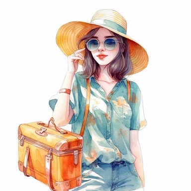 watercolor, hyper realistic, white background, white margins, 16k, ultra detailed clipart, cut out image, hand-drawn, whimsical manhwa style, ultra HD, sharp and clean art a girl with a suitcase, wearing a sun hat and sunglasses, ready for her summer adventure. muted teal, coral, and golden yellow.