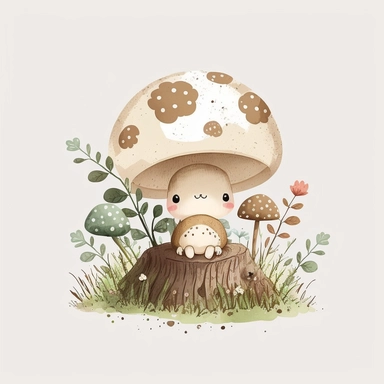 woodland mushroom, archive illustration, cute, white background, clipart