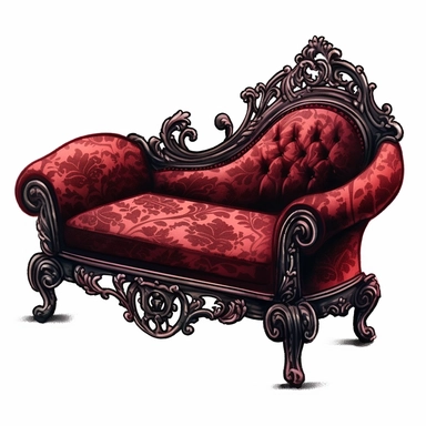 Victorian Gothic fancy formal fainting couch, dark Gloomy shades of red, mysterious, fantasy, highly detailed, 32k, isoplated on a white background, clipart