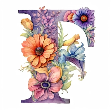 Beautiful Pastel Vintage Flower ' I ' Alphabet Letter  I i, I, I, i, Watercolor and ink Clipart, Cartoon, hyper-realistic, high contrast, intricate detail, illustration style, high solution on the white background