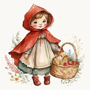 little red riding hood character, full bosy image, basket of bread, children' story book style, beatrix potter style, watercolor, white background, clipart