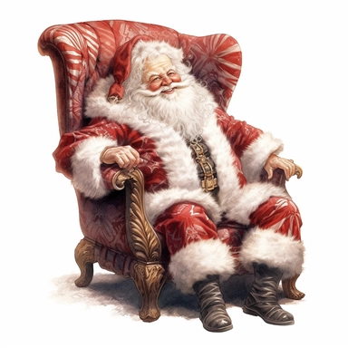 Mackenzie Childs type, full body image, drawing of a smiling hefty and cheerful Santa Claus, classic Santa face, red fuzzy Santa hat with white fur around the rim, fuzzy red outfit, sitting in a oversized antique harlequin mixed patterned arm chair, high detail, rim light, clipart 8k white background — ar 147:169
