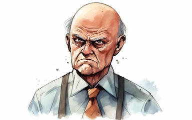 watercolor Male public school guidance counselor looking gruff with angry animated face wearing shirt with Tie open collar background Auburn hair slightly balding with disheveled Office clipart, high resolution