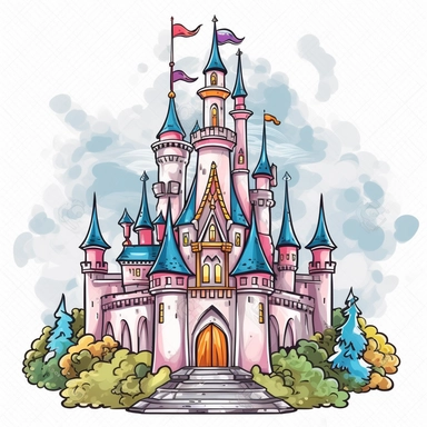 Draw a simple clipart style drawing of a colorful disney style fairytail castle