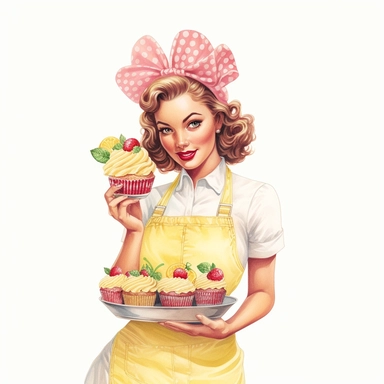 Hand drawn pin up woman, wearing a yellow bakers hat, pink and white striped apron, holding lemonade cake with lemons, with strawberries and blossoms, glamorous, half body, very detailed and realistic, watercolor, white background with margins, clipart style
