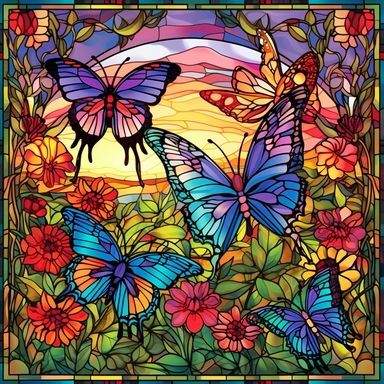 stained glass clipart of butterflies in floral meadow