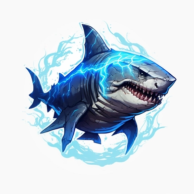 a glowing tribal Great white shark with blue lights on his eyes, tribal animals, in the style of manhwa character design, master of shadows, burned/charred, himalayan art, dark black and light azure, clipart, on white blackground
