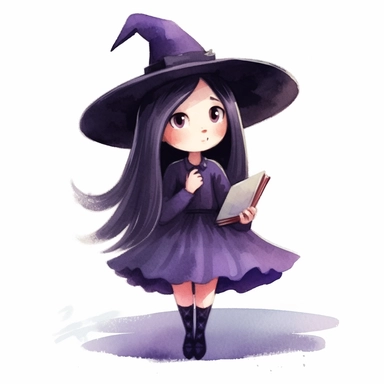 Mona the little witch, a little witch character, reading a book, watercolor children's book illustration style clipart, simple, cute, full colour, purple witch hat, dark purplish hooded dress, black shoes, dark purplish clothes, long black hair, flat colour,