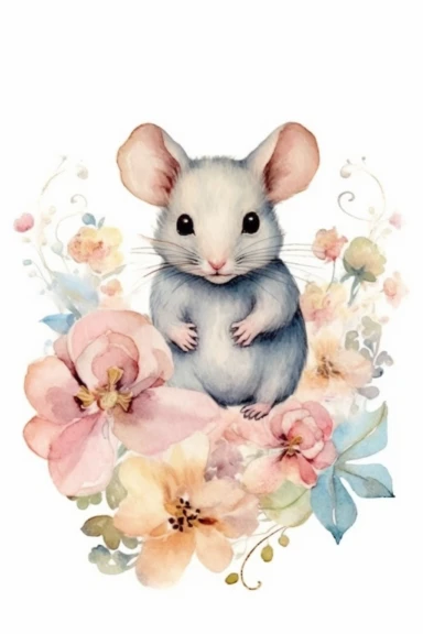 Chromolithography, vintage watercolor mouse floral clipart, nursery art, little mouse, mouse art, kids wall art, baby animal prints, isolated on white background, intricate details, hdr, 8k