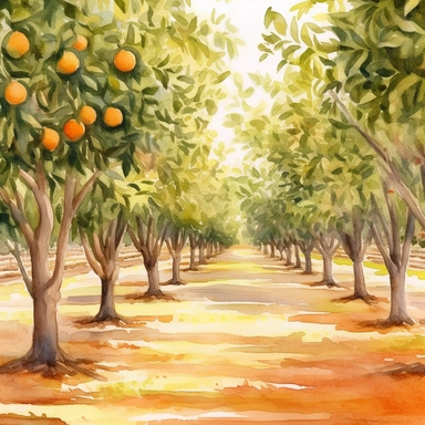 Citrus Grove: Create a watercolor clipart of an expansive orange grove, capturing the rows of trees and the play of light and shadow. Incorporate warm earthy tones and a sense of depth to bring the scene to life.