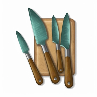 one knives and the fork set on a brown board, in the style of physically based rendering, teal and bronze, grant wood, hard surface modeling with white background, watercolor clipart