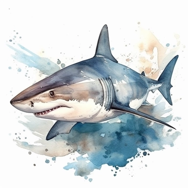 Watercolor clipart consist of shark swimin th emiddle of the sea. The camera view is from above the sky and take using drone. The view is the upside of the shark. Produce very high quality image.